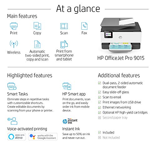 HP OfficeJet Pro 9015 All-in-One Wireless Printer, with Smart Home Office Productivity, HP Instant Ink, Works with Alexa (1KR42A)