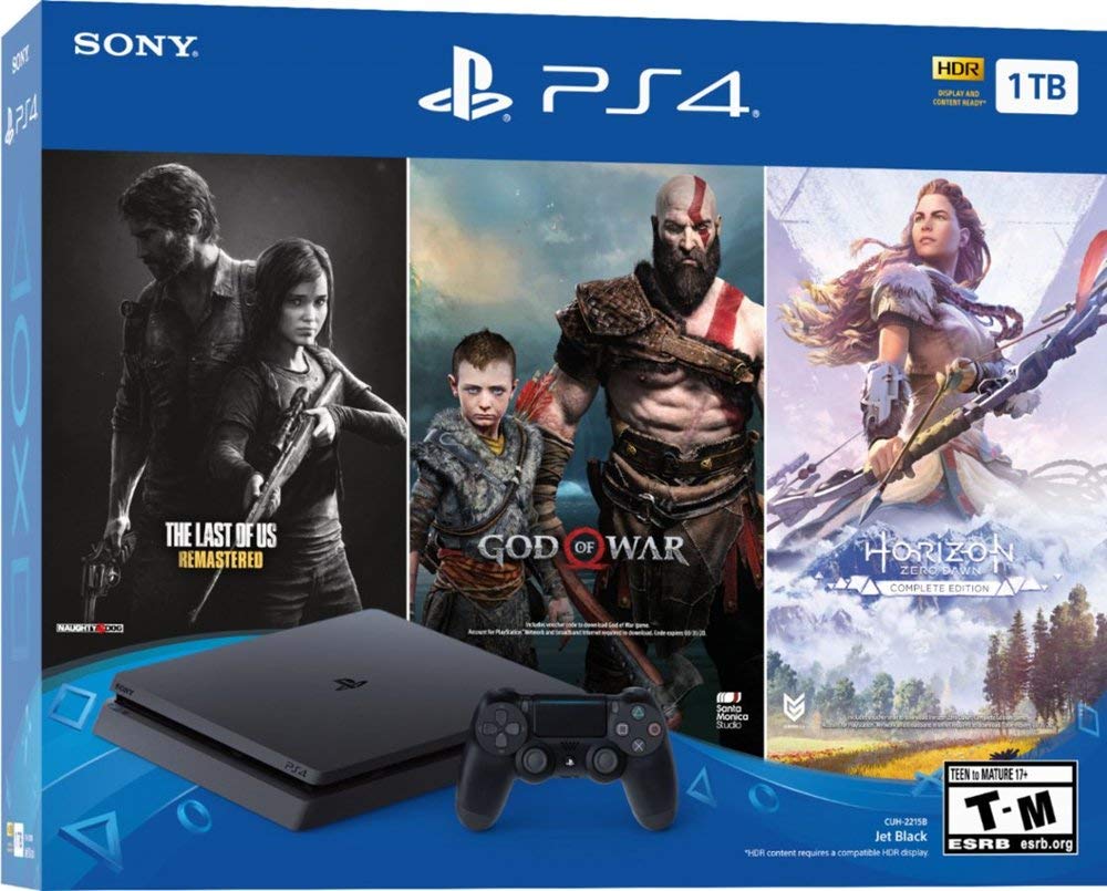Flagship Newest Play Station 4 1TB HDD Only on Playstation PS4 Console Slim Bundle with Three Games: The Last of Us, God of War, Horizon Zero Dawn 1TB HDD Dualshock 4 Wireless Controller -Jet Black