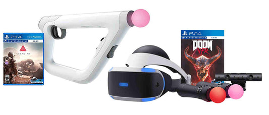 PS4 Shooter Bundle (5 Items): VR Headset CUH-ZRV1, Farpoint Aim Controller Bundle, PSVR Doom Game, Playstation Camera, and 2 Move Motion Controllers