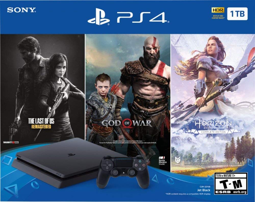 Flagship Newest Play Station 4 1TB HDD Only on Playstation PS4 Console Slim Bundle with Three Games: The Last of Us, God of War, Horizon Zero Dawn 1TB HDD Dualshock 4 Wireless Controller -Jet Black